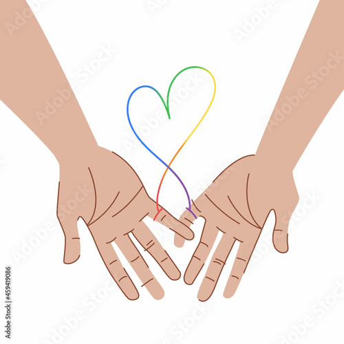 Thread in LGBT colors connects the hands of lovers. Soulmates hold on to their little fingers. Сolorful thread  in the shape of a heart.
