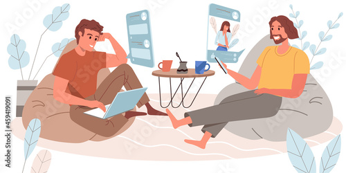 Browse social network concept in flat design. Happy men uses smartphone or laptop, looks at friends photos, likes or comments, sitting on chairs. Online communication people scene. Vector illustration