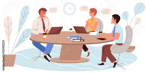 Business meeting concept in flat design. Employees talk and discuss tasks, sitting at table, brainstorming and successful teamwork. Colleagues communicate in office people scene. Vector illustration