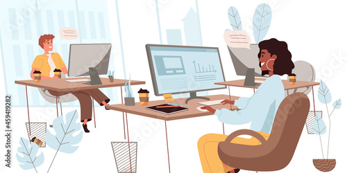 Business office concept in flat design. Employees talk and discuss tasks, working at computers sitting at workplaces, teamwork. Colleagues communicate in office people scene. Vector illustration