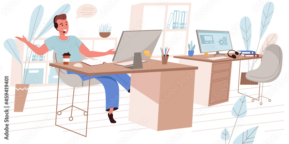Call center concept in flat design. Operator in headset consults clients and working on computer in office people scene. Technical support consultant answer calls from customers. Vector illustration Call center concept in flat design. Operator in headset consults clients and working on computer in office people scene. Technical support consultant answer calls from customers. Vector illustration