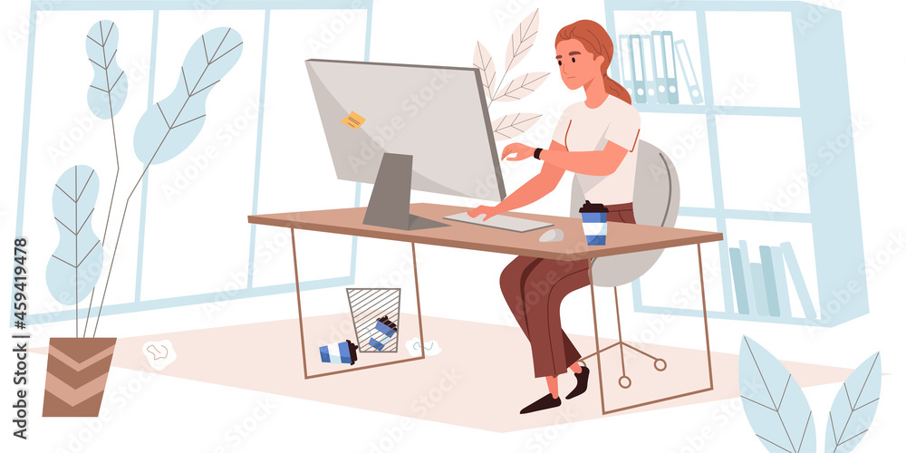 Deadline concept in flat design. Woman looks at clock while working at computer in office. Time management, organization of workflow, execution of tasks on time, people scene. Vector illustration