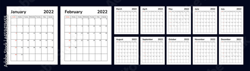 Calendar 2022. Planner organizer scheduler vector template. Wall desk table corporate calendar. Week starts on Sunday. Set of monthly pages. Happy New Year.