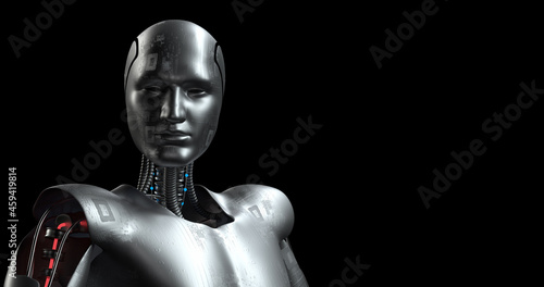 Bionic Robot Analyzing And Checking. AI Humanoid Cyborg. Robotics And Technology 3D Illustration Render.