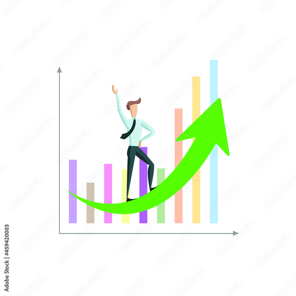 Vector Growth Chart Graphic with Cartoon Businessman on Green Increasing Arrow, Illustration of Business Success and Sales Increasing, Cartoon Character. Vector Growth Chart Graphic with Cartoon Businessman on Green Increasing Arrow, Illustration of Business Success and Sales Increasing, Cartoon Character.