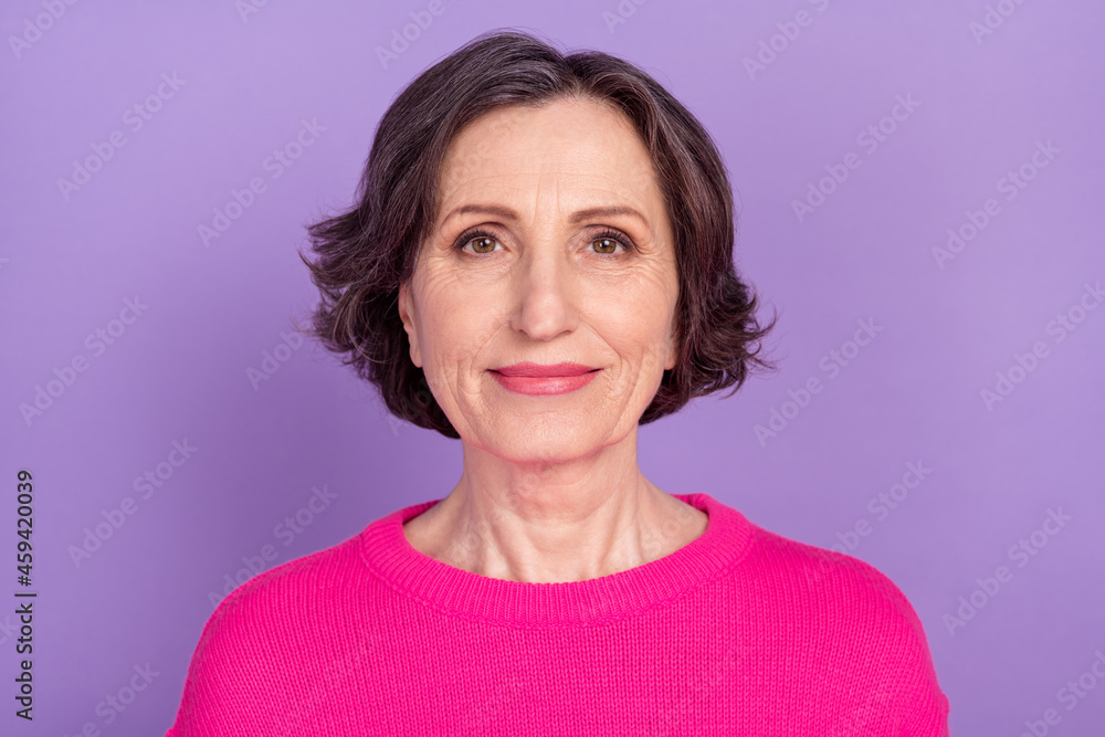 Fototapeta premium Photo of aged woman happy positive smile confident wear casual jumper isolated over violet color background