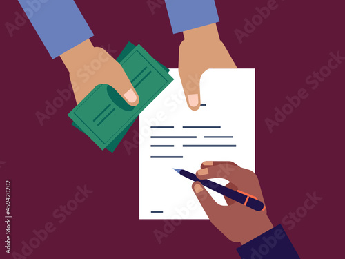 Giving money in exchange of money illustration. Bribe in the form of money in exchange of a document, illustration. Vector.