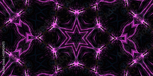 Purple magic kaleidoscope. The device of the universe, crescent moon and sun with a face on a black background. Magic kaleidoscope