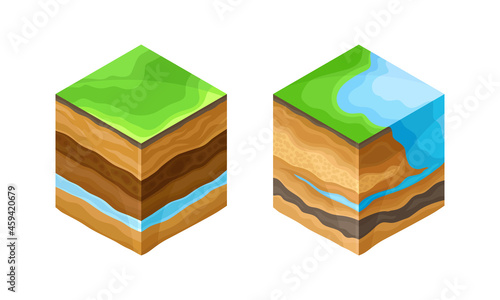 Ground cross section with organic, topsoil, subsoil and other levels vector illustration