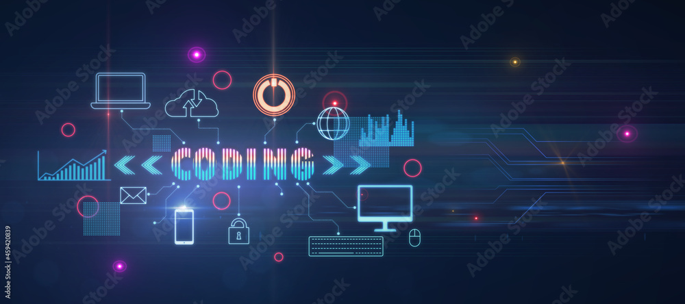 Creative glowing wide coding hologram on blue background. Technology and innovation concept. 3D Rendering.