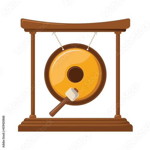 Metal gold gong icon design. Asian music and sound instrument. Vector