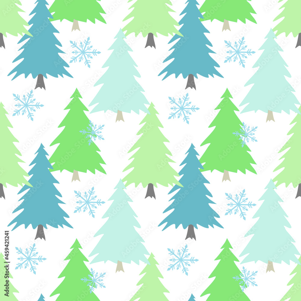 Green, blue Christmas pine tree and snowflake vector seamless pattern