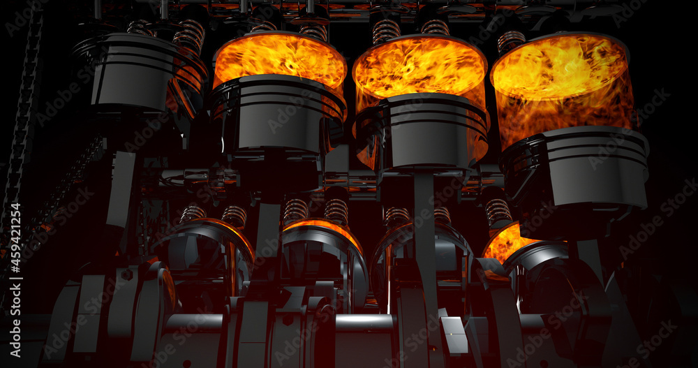 V8 Engine Pistons. Crankshaft In Motion. Machines And Industry 3D ...