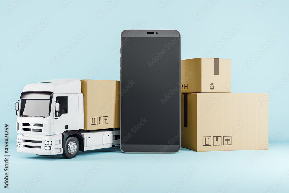 Abstract truck with cardboard box and empty black smartphone on blue background. Logistics, storage, retail, technology and advertisement concept. Mock up, 3D Rendering. Abstract truck with cardboard box and empty black smartphone on blue background. Logistics, storage, retail, technology and advertisement concept. Mock up, 3D Rendering.