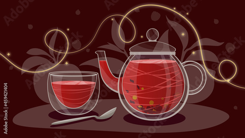 fruit tea, brewed tea in a kettle, hot tea, cup of tea,black tea in a cup, tea party, brewed tea, teapot with a cup