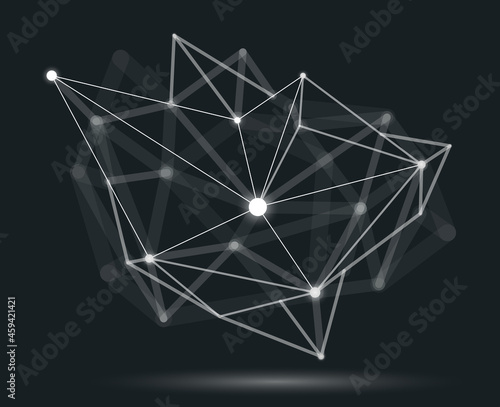 Dimensional lattice mesh vector abstraction, 3D polygonal design abstract shape, tech and science digital style dynamic connections with lines and dots, with realistic depth of field effect.