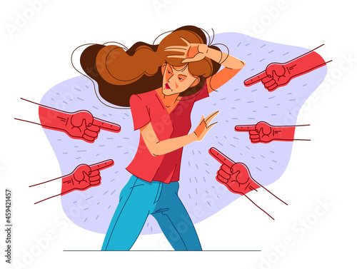 Young girl in problem and pointing finger hands vector illustration concept of bullying and shaming, mockery and discrimination theme.