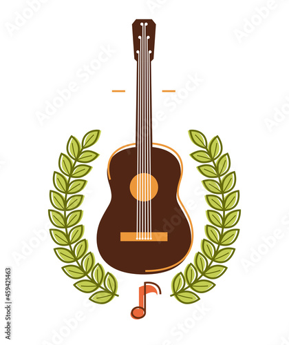 Acoustic guitar with laurel wreath vector emblem for festival or concert or player isolated on white, live music theme, logo for musical recording label, instruments shop.