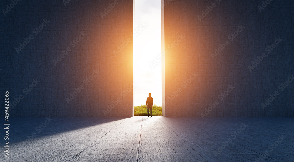 Businessman walking to open gate to a new better green world - obrazy, fototapety, plakaty 