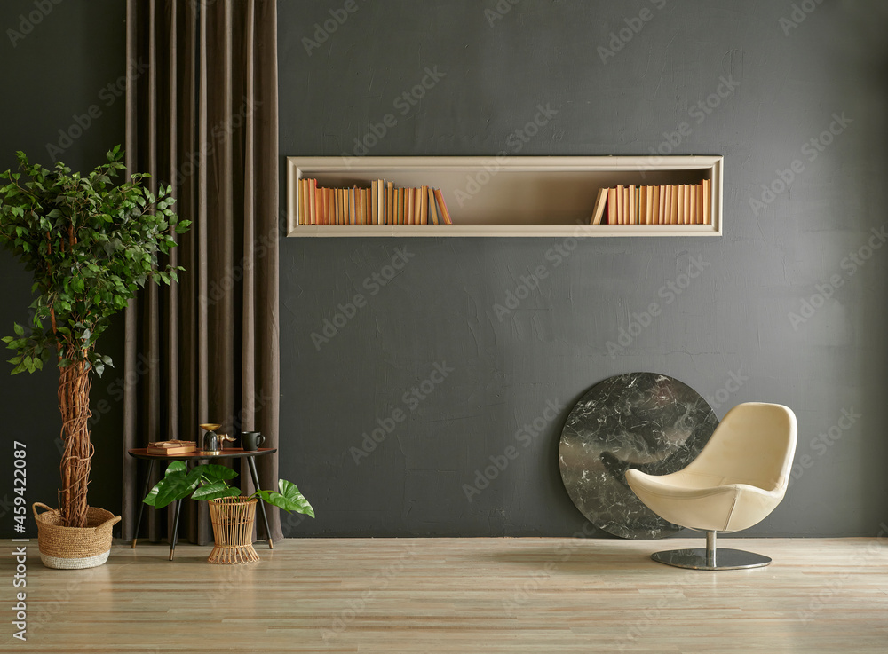 Modern stone wall with niche book vase of plant curtain and furniture