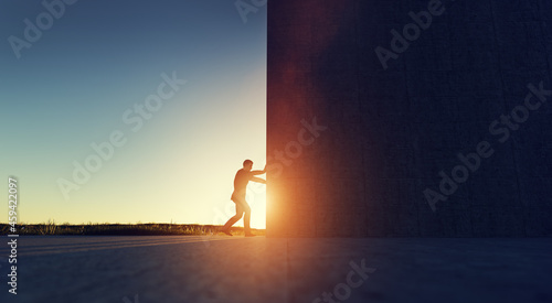 Man pushing big wall to reveal new better green world photo