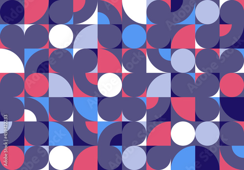 Geometric abstract seamless pattern with colorful simple elements of geometry, wallpaper background in retro 70s style, Bauhaus constructive style tiles.