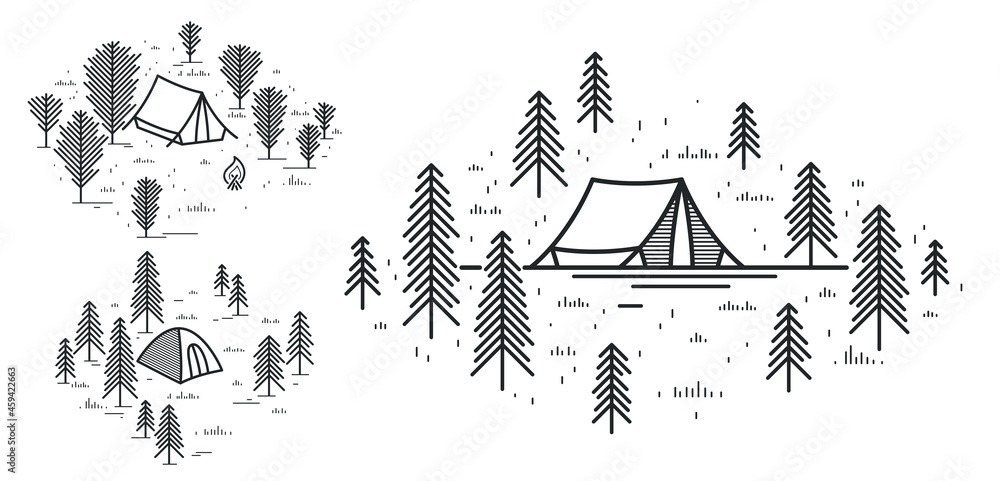 Fototapeta premium Camping tent in pine forest vector linear illustration isolated on white, holidays and vacations in woods line art, design wanderlust drawing.