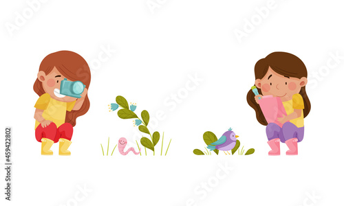 Cute kids nature lovers exploring insects and birds in park cartoon vector illustration