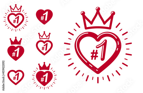 Heart shaped first place number one business success and triumph vector labels set isolated over white, graphic design elements, geometric vintage classic emblems collection