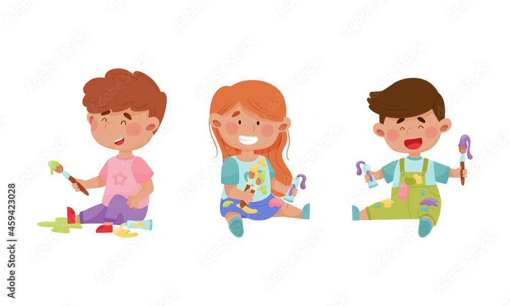 Cute happy creative boys and girl in stained clothes painting with paints and brushes set cartoon vector illustration