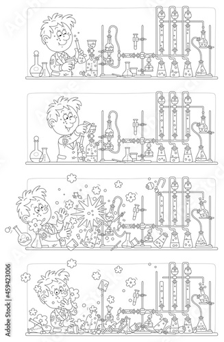 Comic strip of a funny schoolboy with a big scientific idea making an explosion during a dangerous experiment with reagents and equipment at a chemistry lesson in a school class