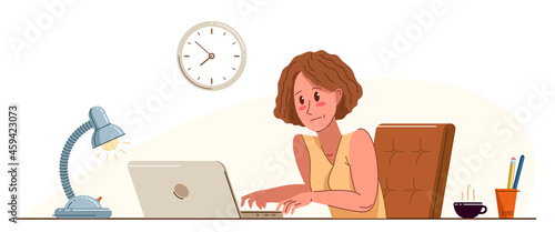 Young woman alarmed in problem working on a project in stress vector flat illustration isolated, urgent panic deadline job in office or home, solving problem.