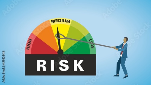 Risk scale. Try to hold down danger. Finance and economy concept. Vector illustration. Dimension 16:9, EPS10.