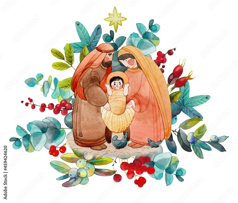 Christian Christmas hand drawn watercolor illustration "Nativity scene