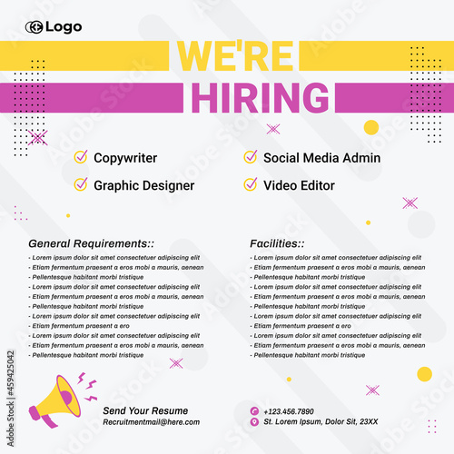 Recruitment advertising template. Recruitment Poster, Job hiring poster, social media, banner, flyer. Digital announcement job vacancies layout