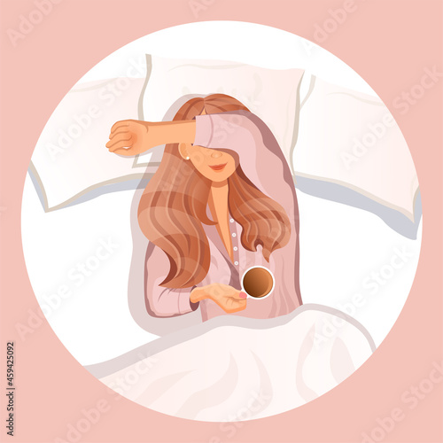 Young red haired girl in the morning lies in bed with a cup of coffee. Good morning. Vector illustration of a sleeping woman in pajamas for advertising, postcard, poster. Good dream. Cartoon style.