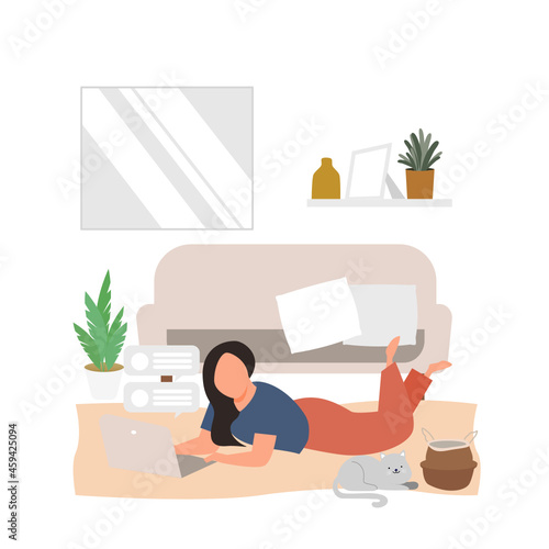 The lady sitting on the chair and working.work from home.freelance working online.vector design.