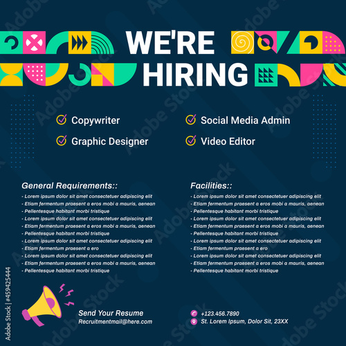 Recruitment advertising template. Colorful geometric background. Job vacancy poster geometrical shapes. Flyer promotion modern decorative patterns square.