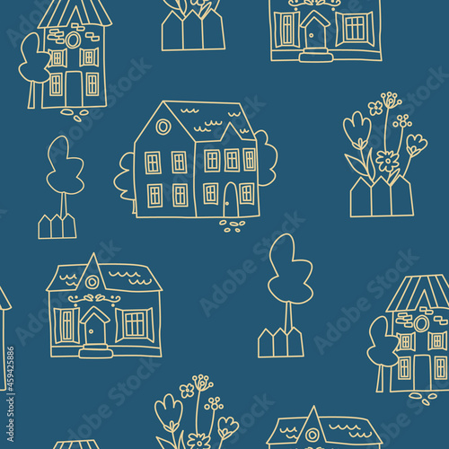 Wallpaper Mural Seamless pattern with cute houses, flowers and trees on a blue background. Trendy modern texture for textile, fabric, wallpaper. Line art. Torontodigital.ca