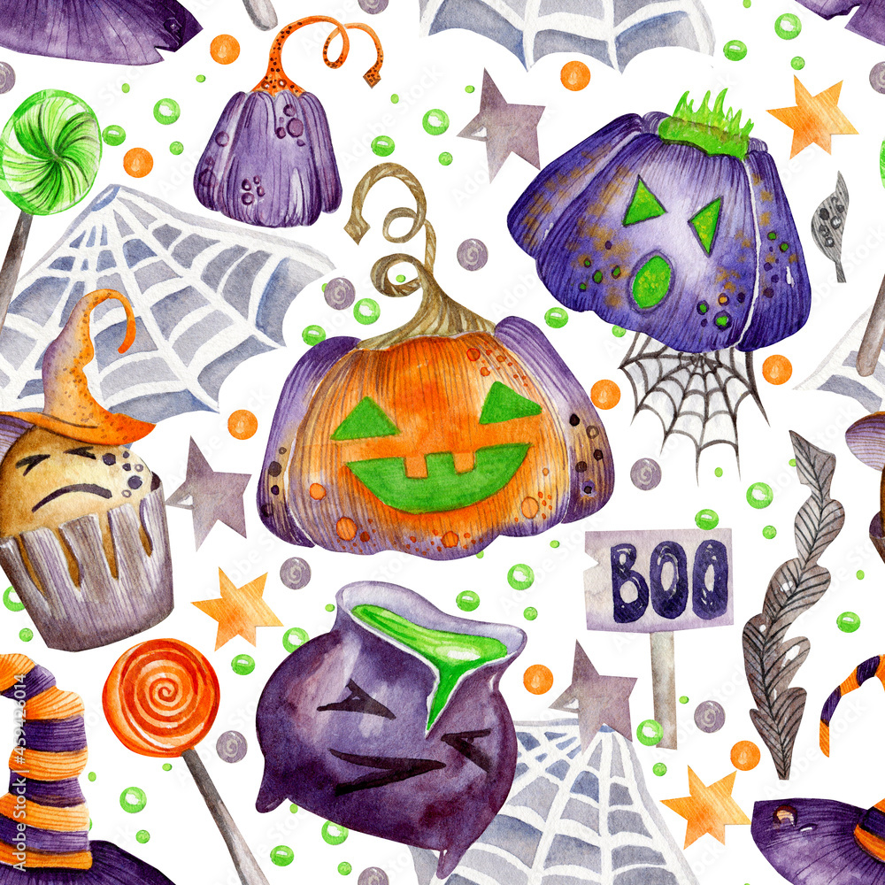 Fototapeta premium Seamless watercolor halloween pattern. Spider web, purple pumpkins, cauldron of potion on a white background. Design for wrapping paper, backdrops, gifts and more