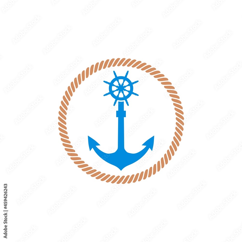 Naklejka premium Nautical logo. Anchor and ship steering wheel icon isolated on white background