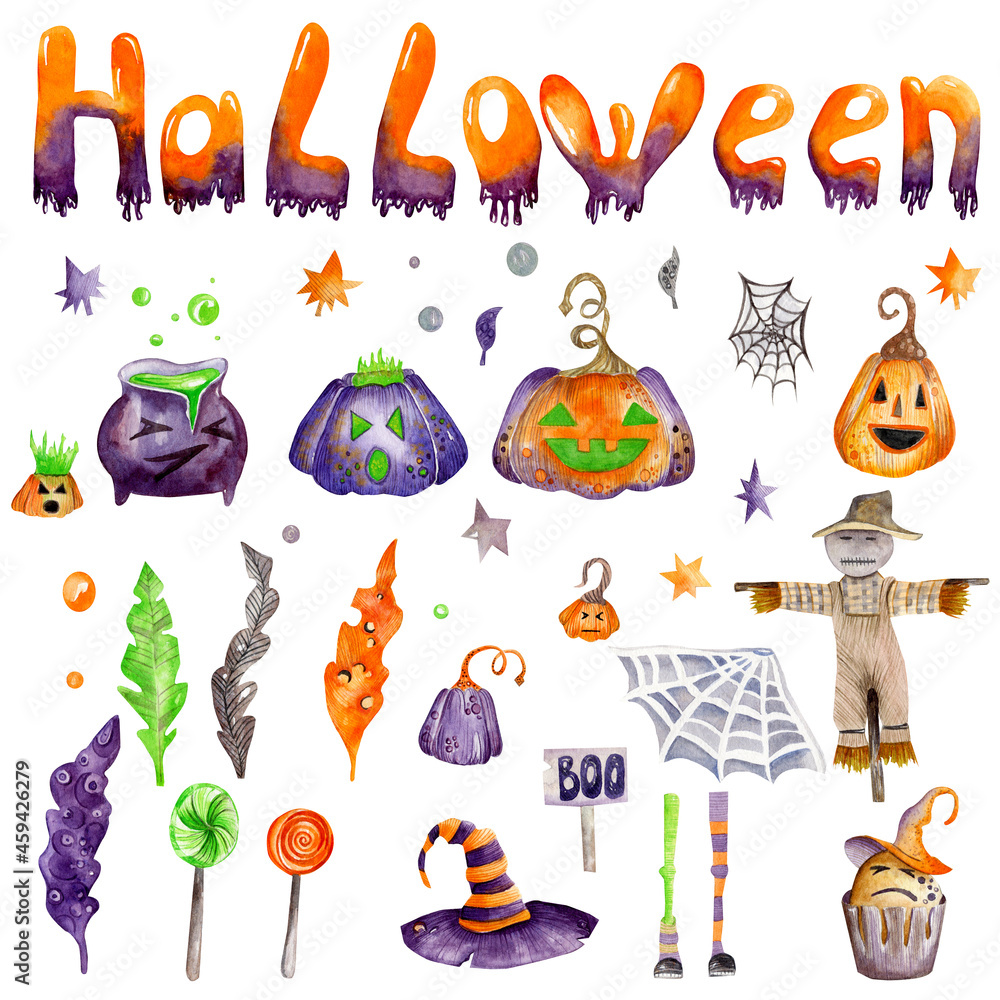 Big watercolor set for halloween. Hand-drawn pumpkins, spider webs, scarecrow, lollipops and more. Halloween lettering. Design for gifts, cards, toppers, wrapping paper and more
