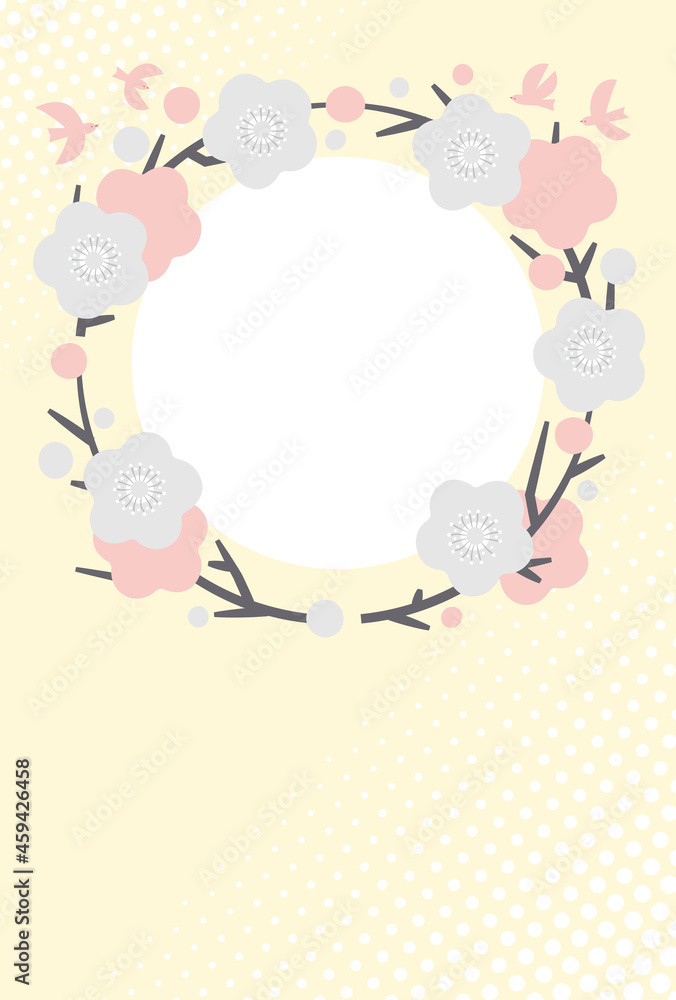 はがき デザイン イラスト 梅の花と鳥のリース 横構図 はがき デザイン イラスト 梅の花と鳥のリース 横構図