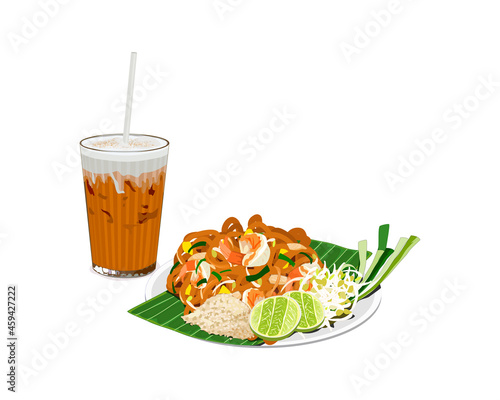 Isolated Pad Thai, Thai noodles fried with shrimp, eggs, chicken, bean sprout and chives. Served with Thai tea. Famous Thai food vector illustration.  
