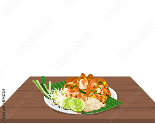 Isolated Pad Thai on wooden table, Thai noodles fried with shrimp, eggs, chicken, bean sprout and chives. Famous Thai food vector illustration.  
