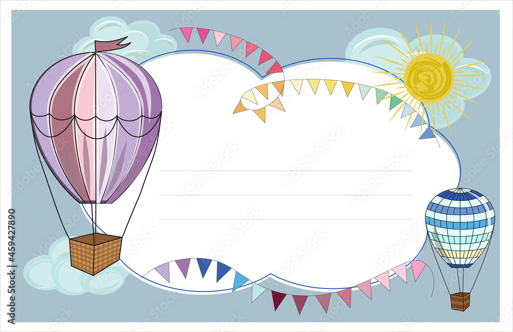 Two bright colored balloons soar in the sky. The sun, garlands of flags, clouds. Two bright colored balloons soar in the sky. The sun, garlands of flags, clouds.
