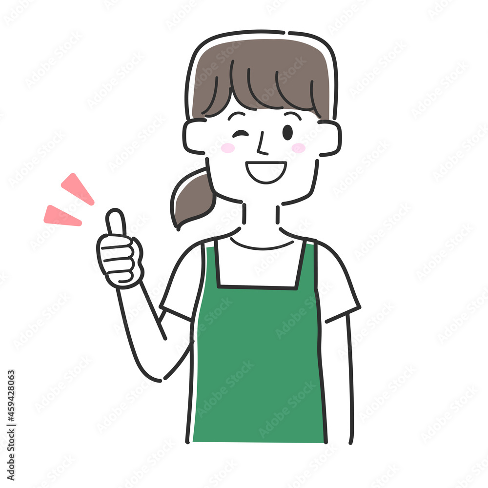 サムズアップをしているエプロンを着た店員 サムズアップをしているエプロンを着た店員
