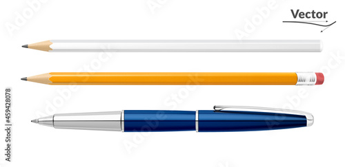 Set of ballpoint pen, yellow pencil, white pencil. Templates for applying logos. 3D style. Realistic. Office supplies for the office, school, institute. Isolated on a white background. photo