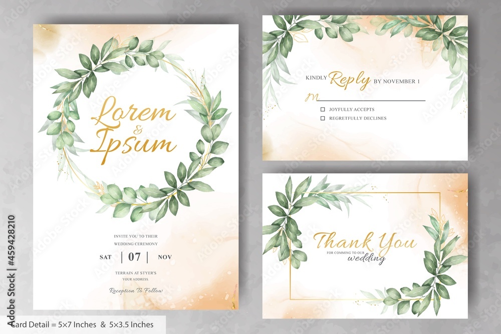 Set of Hand Drawn Watercolor Floral Wreath Wedding Invitation Card Template