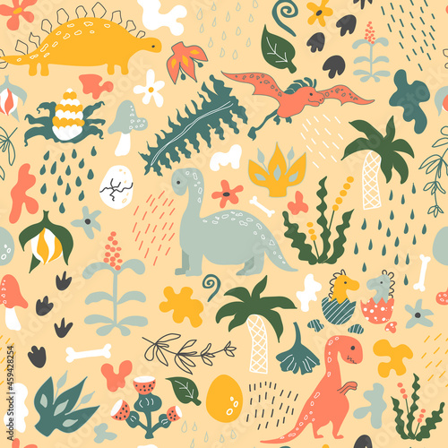 Dino pattern. Vector beige background. Seamless pattern with dinosaurs, prehistoric plants, spots, traces, raindrops and eggs. Baby print
